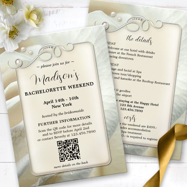 Convite Bachelorette Weekend Itinerário Código QR Modelo (Bachelorette weekend getaway invitation QR  program template with pearls and silver on an ivory rose)