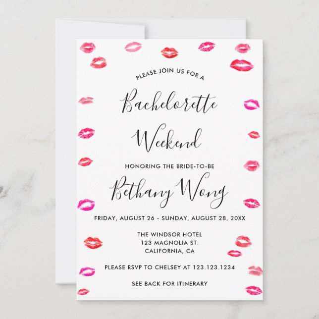 Convite Bachelorette Weekend Itinerário Kiss Lipstick (Frente)