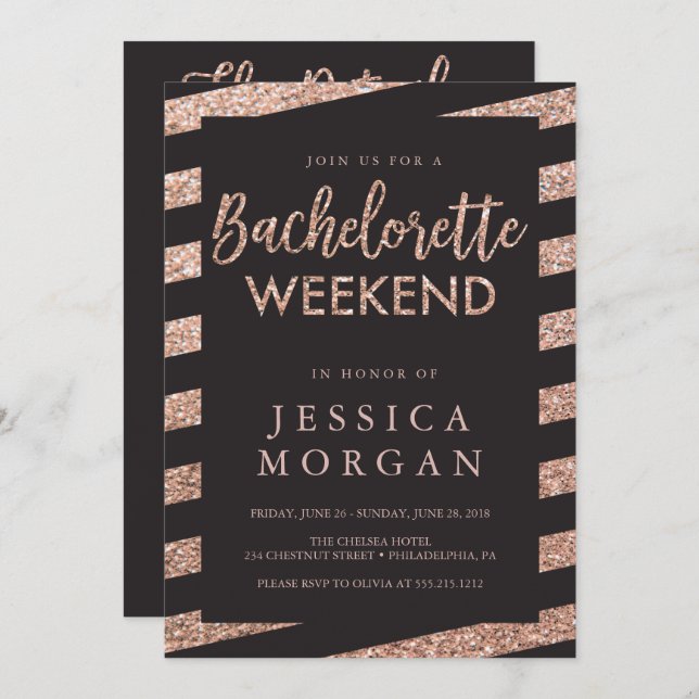 Convite Bachelorette Weekend Itinerary Glitter Striters (Frente/Verso)