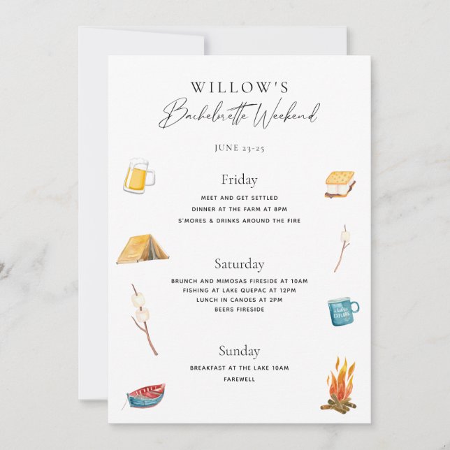 Convite Bachelorette Weekend no Woods Itinerary (Frente)