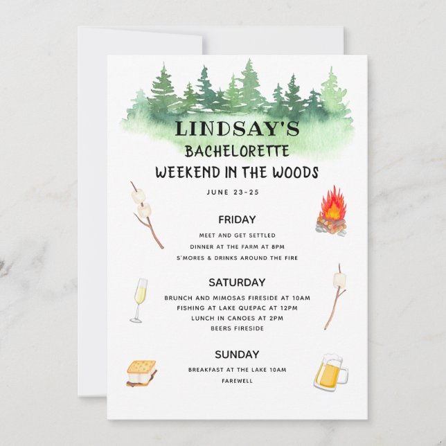 Convite Bachelorette Weekend no Woods Itinerary (Frente)