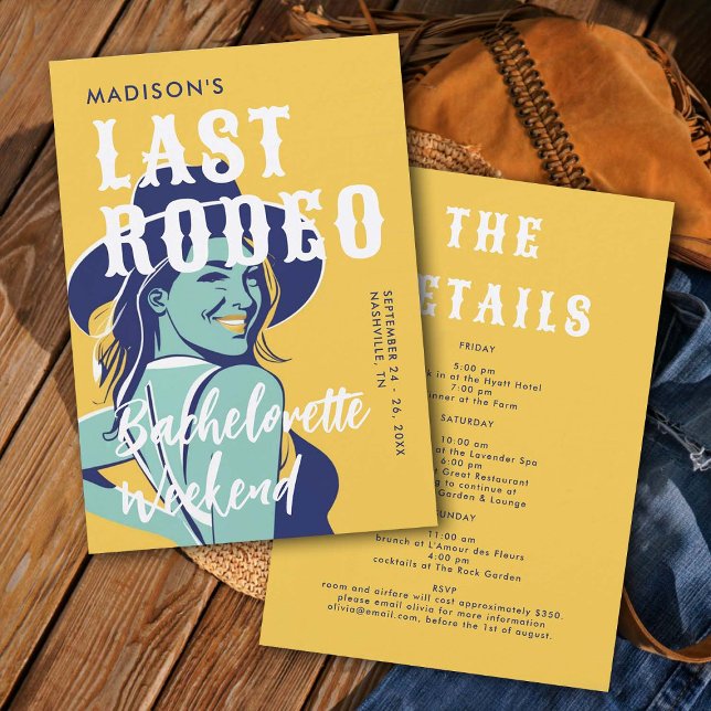 Convite Bachelorreia Amarela do Grelha do Último Rodeio (last rodeo bachelorette weekend invitation itinerary retro vintage elegant glam cowgirl yellow blue)