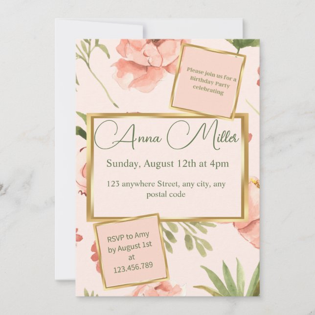 Convite Bacia de Aniversário do Blushing Blooms (Frente)