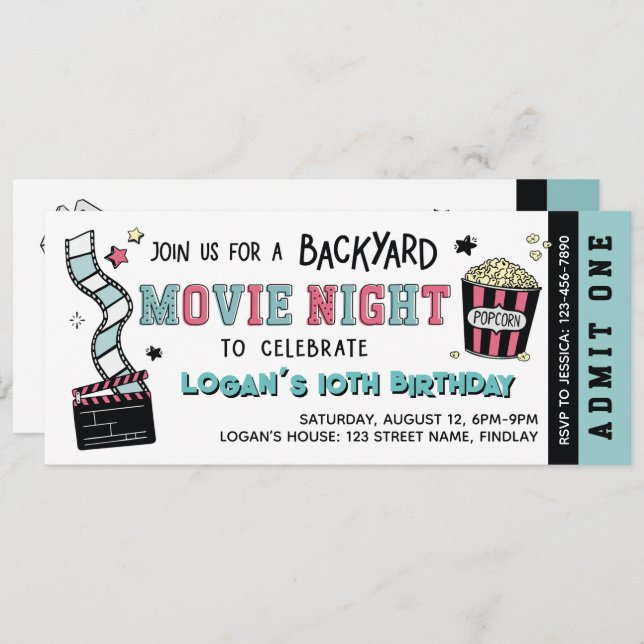 Convite Backyard Movie Night, Any Age Birthday Party (Frente/Verso)