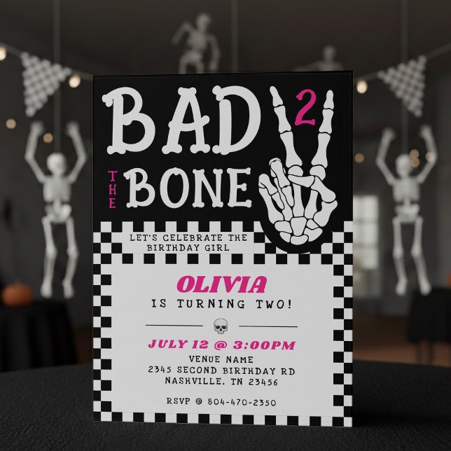 Convite Bad 2 the Bone Skeleton Pink 2nd Birthday Party (Bad 2 the Bone Skeleton Pink 2nd Birthday Party Invitation
)