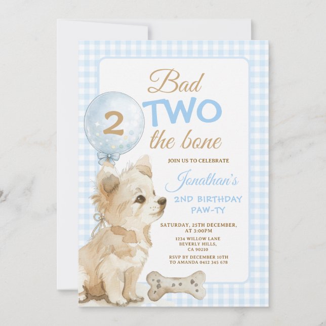 Convite Bad Two the Bone Puppy 2nd Birthday Pawty Gingham (Frente)