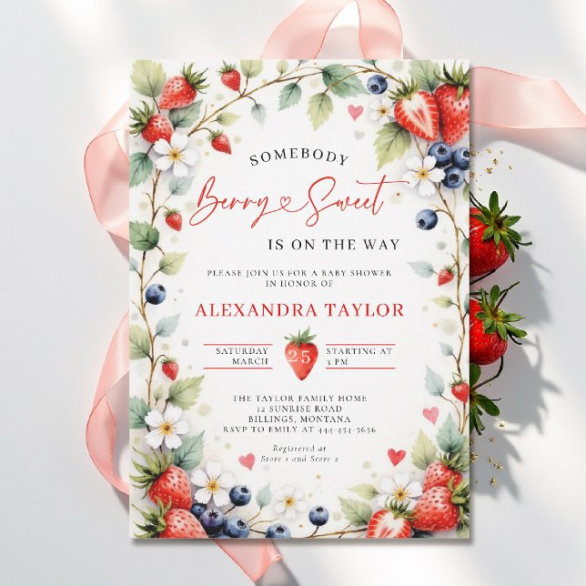 Convite Bagas Botânicas Doces Jardim Festa de Bebê (berry sweet baby shower invitation fruit theme strawberry berries watercolor spring summer garden)