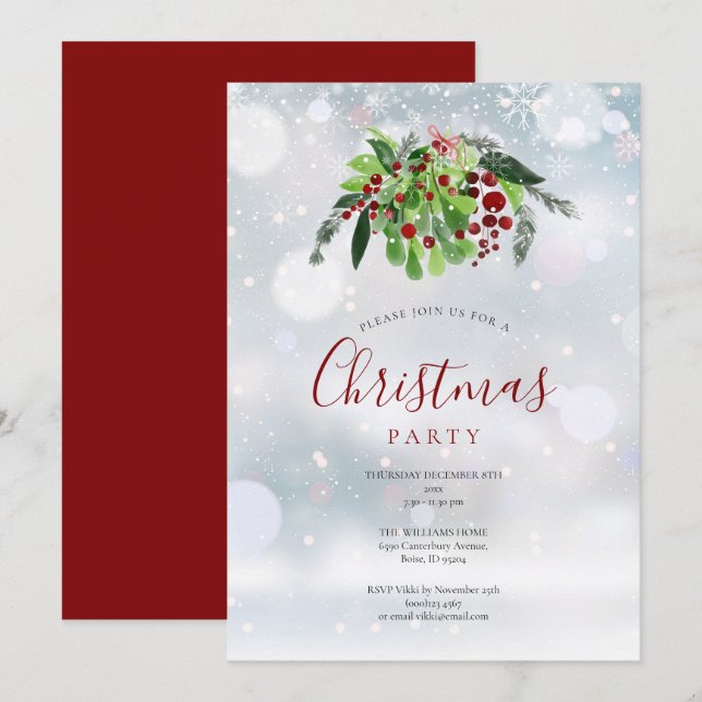 Convite Bagas Vermelhas de Natal Flocos de Neve Festa de F (Frente/Verso)