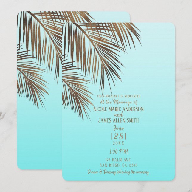 Convite Bahama Breeze Copper Palm Aqua Mar Azul Casamento (Frente/Verso)