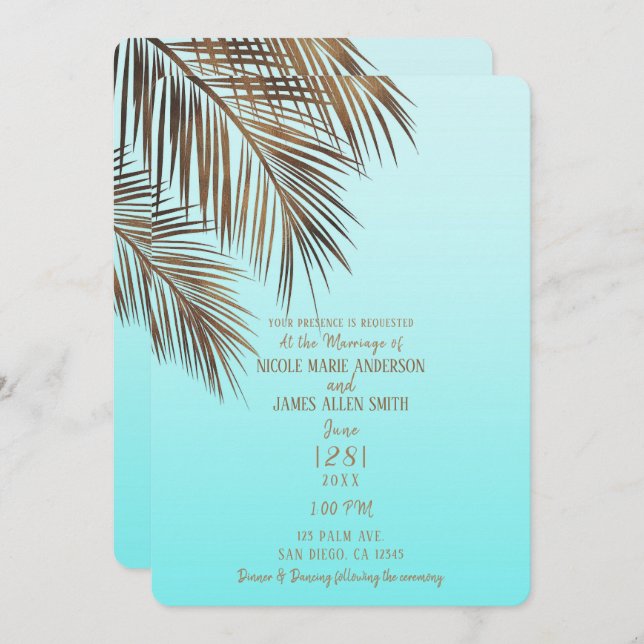 Convite Bahama Breeze Copper Palm Aqua Sea Blue Weding (Frente/Verso)