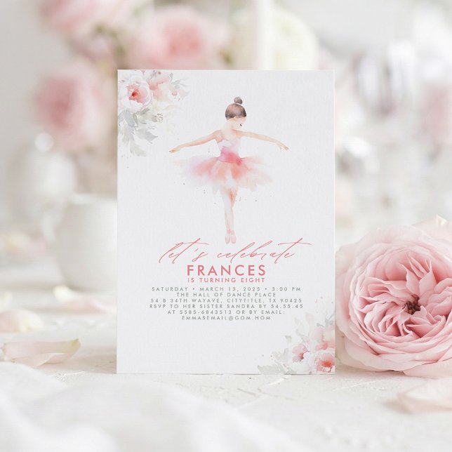 Convite Bailarina Balle Clássico Floral Aniversário Rosa F (Dreamy Elegant Pink Dress Ballerina Birthday Invitation)