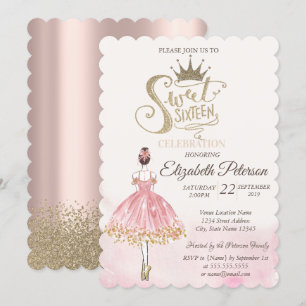 Convite Bailarina Chic, Tiara, Diamantes Rosa Dourado Doce
