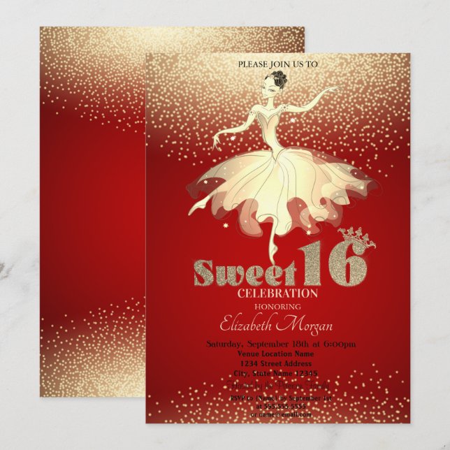 Convite Bailarina, Confeite Glitter Dourado Vermelho Doce  (Frente/Verso)