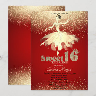 Convite Bailarina, Confeite Glitter Dourado Vermelho Doce