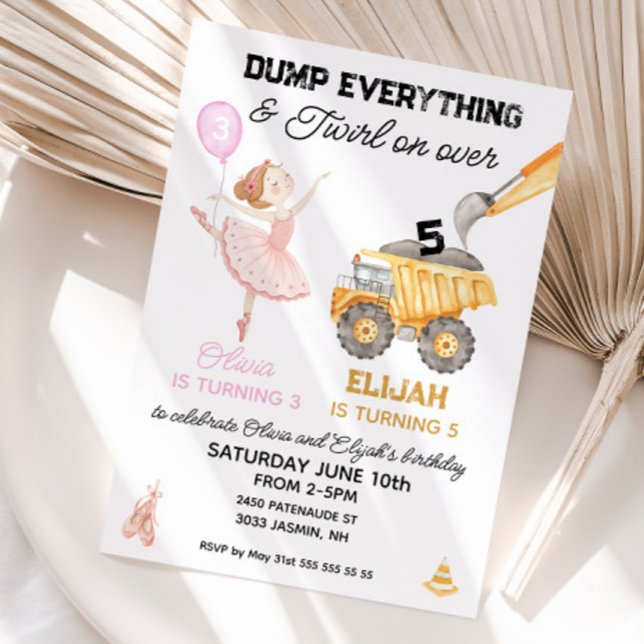 Convite Bailarina de Aniversário Conjunto e festa de Const (Joint birthday invitation ballerina and construction)