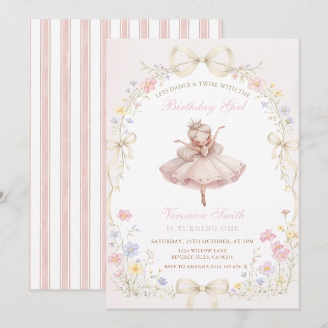 Convite Bailarina de Marfim Rosa com Aniversário de Flor S (Frente/Verso)