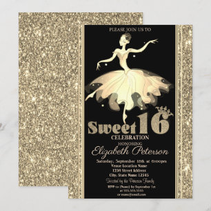 Convite Bailarina Elegante Brilho Dourado Sweet 16