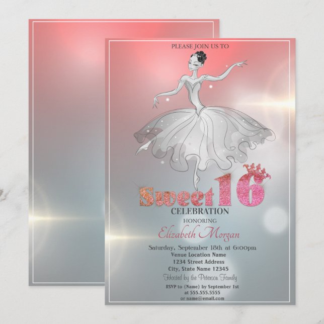 Convite Bailarina Elegante, Brilho Sweet 16 (Frente/Verso)