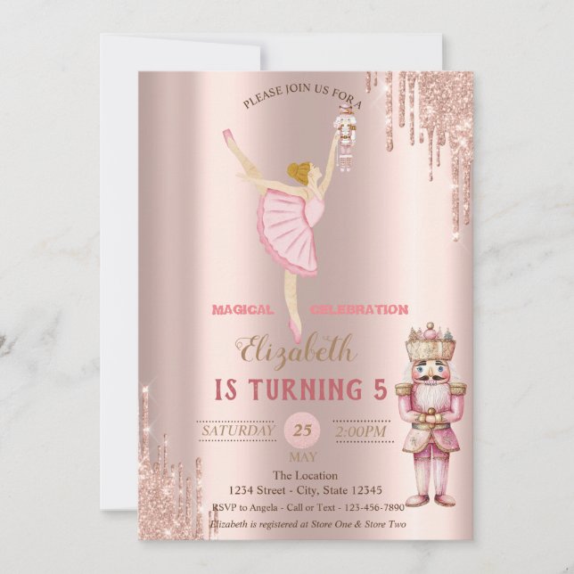 Convite Bailarina Elegante Nutcracker com Pingos em Dourad (Frente)
