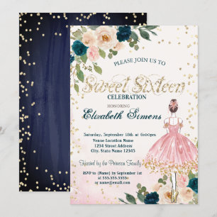 Convite Bailarina Flores Diamantes Azul Marinho Sweet 16