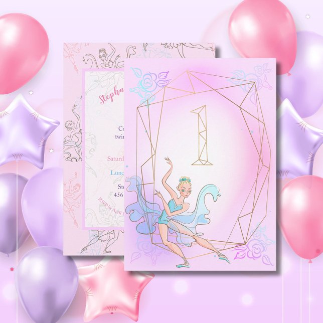 Convite Bailarina Geométrica Dourada Aquarela Rosa Fofa No (Criador carregado)