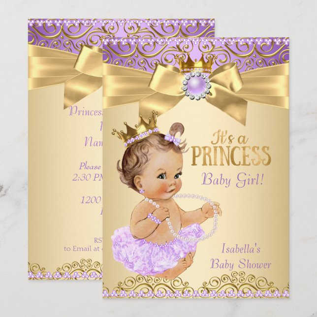 Convite Bailarina Princesa Bebê Chuveiro Lilás Dourado Mor (Frente/Verso)