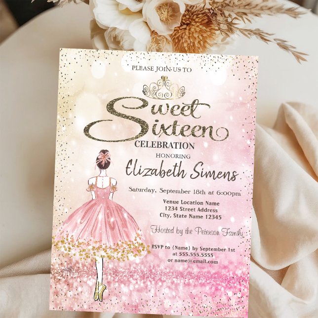 Convite Bailarina, Tiara Princesa Bokeh Sweet 16  (Criador carregado)