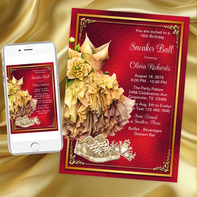 Convite Baile da Sandália Dourada Vermelha (Red gold sneaker ball invitation. Instant download and printed invitations available.)