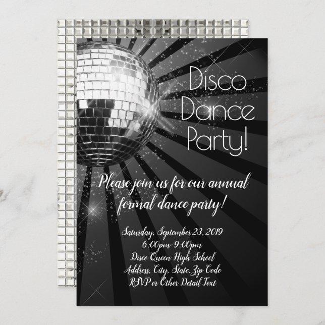 Convite Baile de formatura Silver Disco Ball 70s Partido F (Frente/Verso)