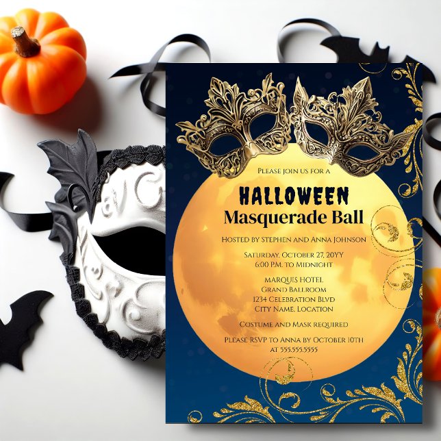 Convite Baile de Máscaras da Lua Cheia de Halloween (Halloween full moon masquerade ball invitation front.)