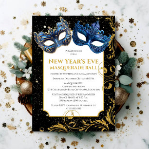 Convite Baile de Máscaras de Ano Novo Dourado Azul