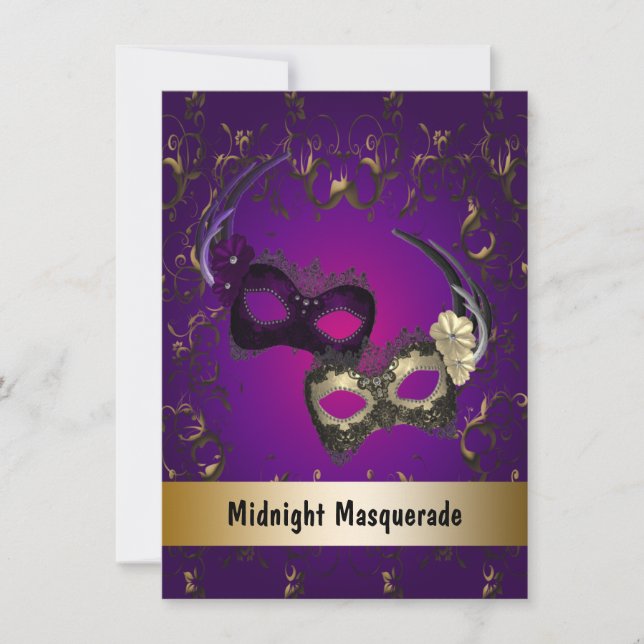 Convite Baile de Máscaras Dourado Roxo (Frente)