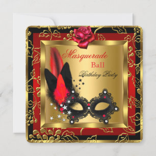 Convite Baile de Máscaras Dourado Vermelho Máscara Preta R