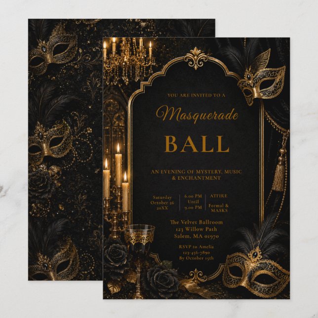 Convite Baile de Máscaras Elegante (Frente/Verso)