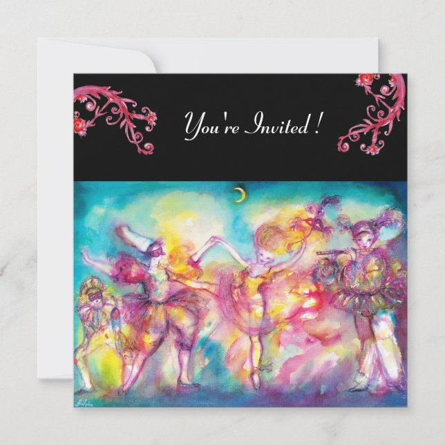 Convite BAILE DE MÁSCARAS, flores vermelhas (Frente)