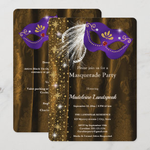 Convite Baile de Máscaras Roxo e Dourado Real Gala Damask