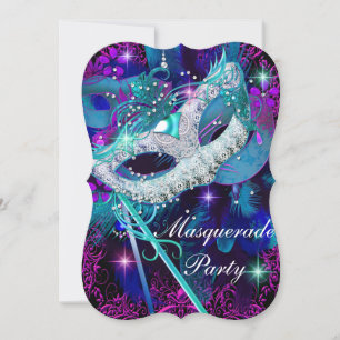 Convite Baile de Máscaras Verde-azulado e Roxo