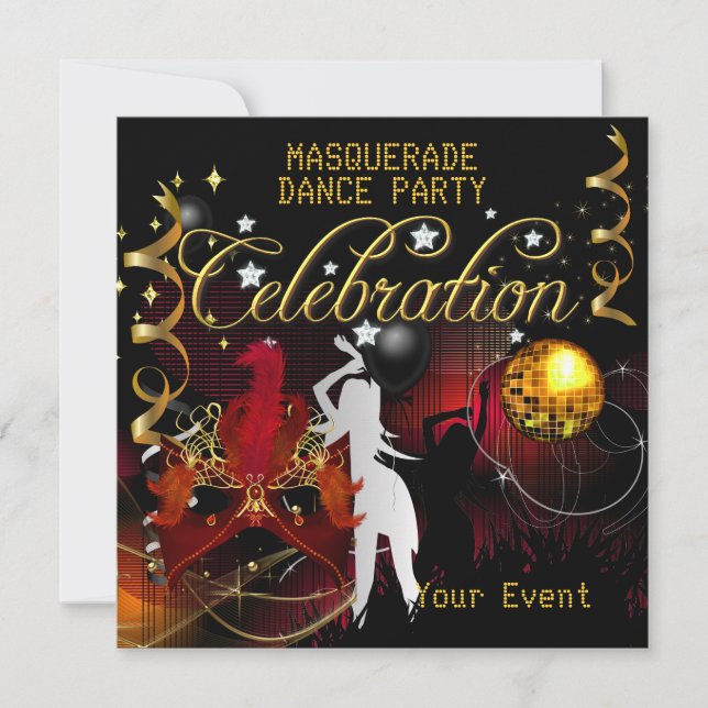 Convite Baile de Máscaras Vermelho Dourado Disco Bola (Frente)