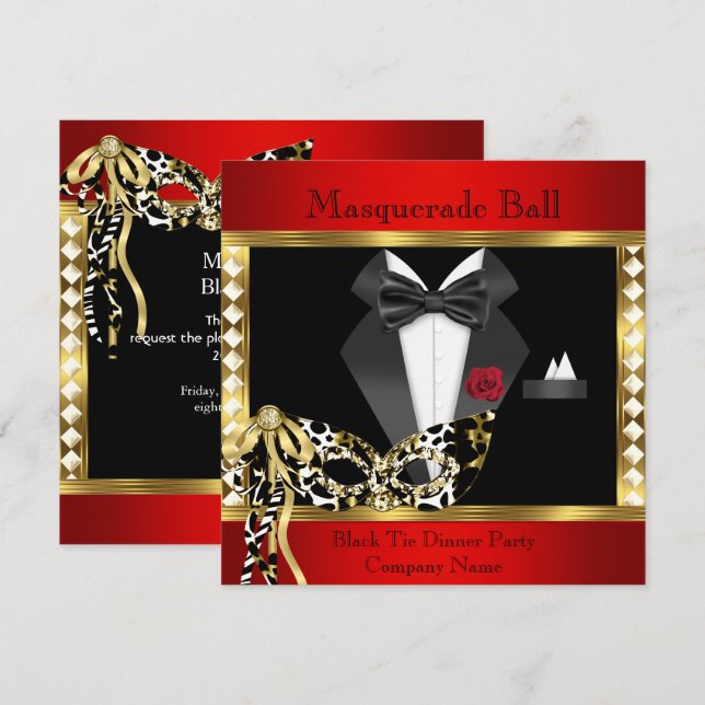 Convite Baile de Máscaras Vermelho Dourado e Smoking Preto (Frente/Verso)