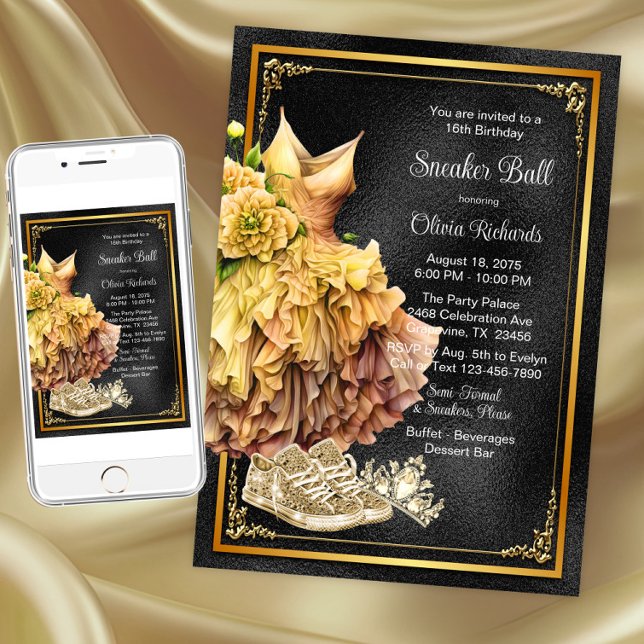 Convite Baile de Tênis Ouro Preto (Black gold sneaker ball invitation. Instant download and printed invitations available.)