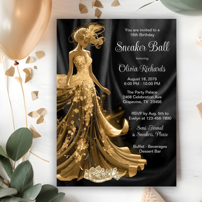 Convite Baile Elegante de Tênis Ouro Preto (Elegant black gold sneaker ball invitation. All text, font and wording can be changed.)