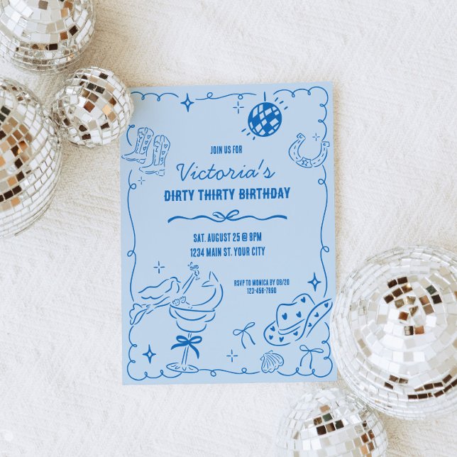 Convite Bairro de Cowgirl Costeira (Whimsical Doodle Coastal Cowgirl Birthday Invite)