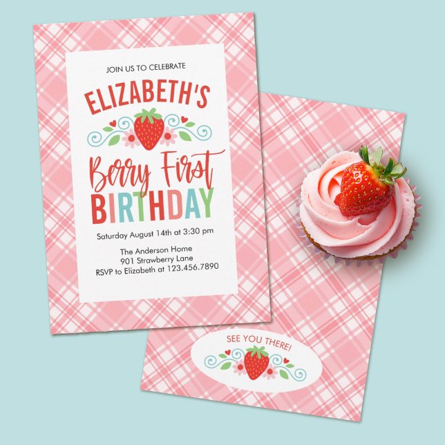 Convite Bairro Vermelho Simples e Bonito (Berry first birthday party invitations make a sweet theme for a girls first birthday party.)