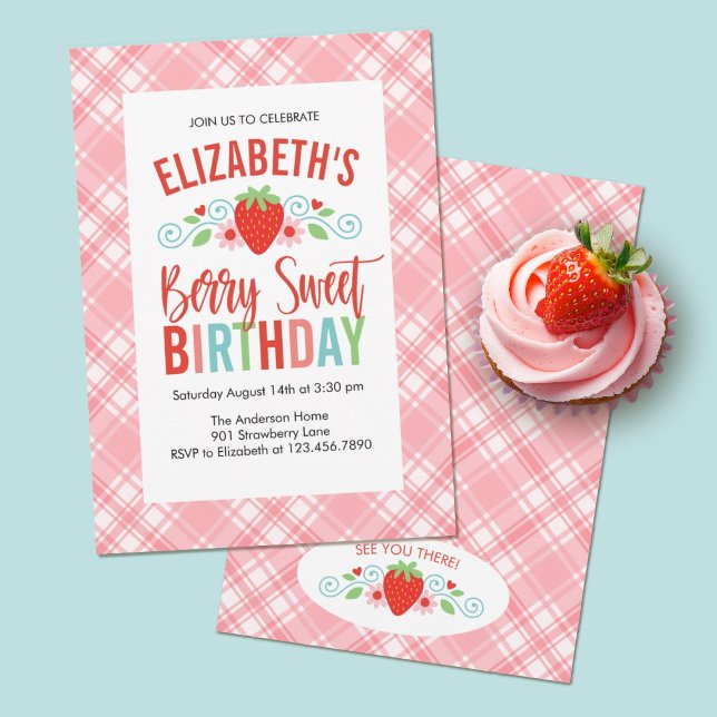 Convite Bairro Vermelho Simples e Bonito (A pink strawberry "Berry Sweet" girls first birthday party invitation)