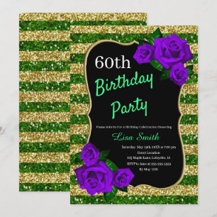 Convite Bairthday Green Dourado Strips Glitter Rosas Roxos