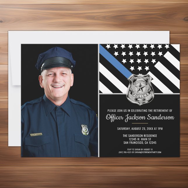 Convite Baixa de Fotografia com Sinalizador Azul Fino da P (The perfect customizable photo retirement party invitation for a retiring police officer.)