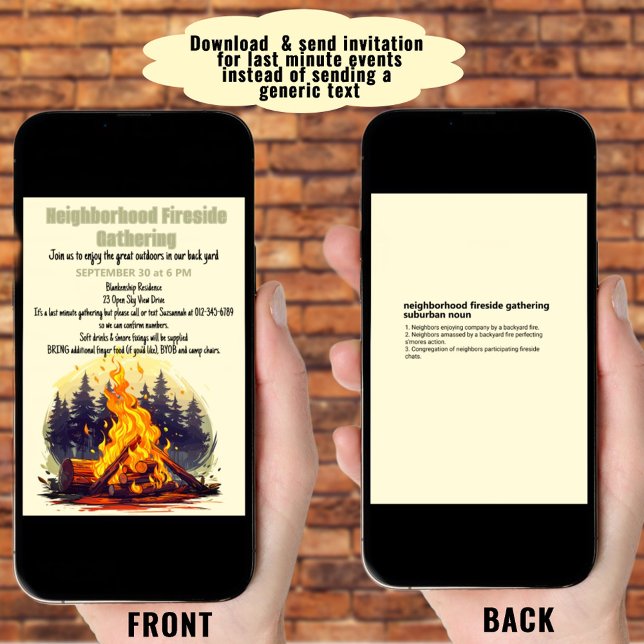 Convite Baixamento digital do Fireside da vizinhança para  (When you need to send the invitation quickly, download it. Print it to mail when you have the time.)