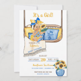 Convite Balanço de Porche Girassol Amarelo Azul Abelha Gir