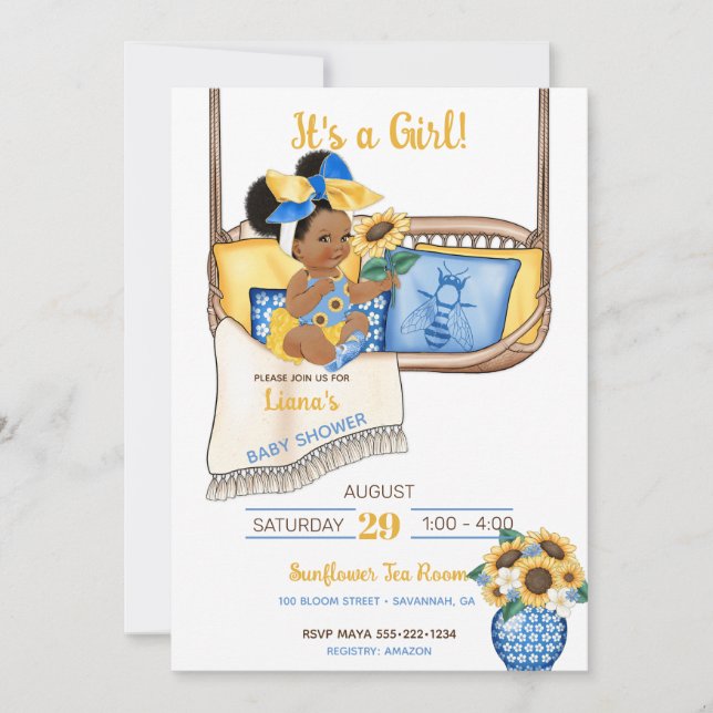 Convite Balanço de Varanda Girassol Amarelo Azul Abelha Gi (Frente)
