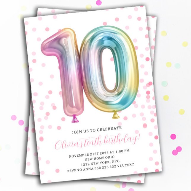 Convite Balão 10º aniversário Festa número Rainbow (10th birthday rainbow invitation for girl )